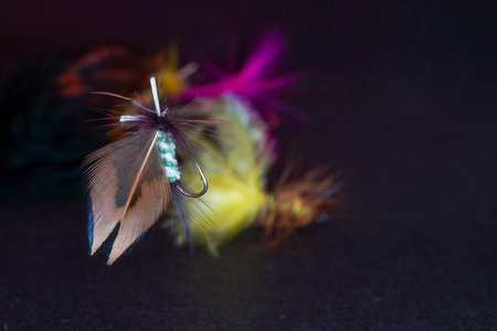 Self-tied fishing lures, flies for fly fishing studio shots with copy space
