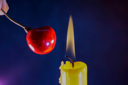 candle with smoke and flame photographed in the studio with color foils before the flashesの写真素材
