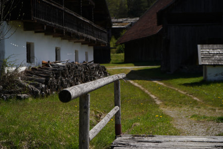 Farmhouse with lots of wood and stone in detailの写真素材