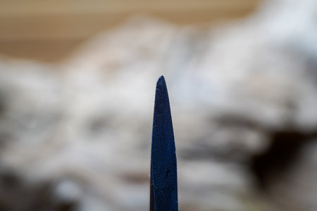 Knife with blue handle close-up on a blurred background.の写真素材