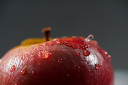 Red apple with water drops on a gray background. Close up.の写真素材