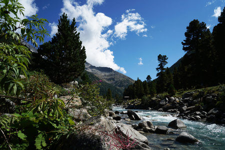 Mountain landscape with a mountain river and blue sky with white clouds