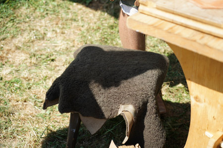 Sheep made of sheep wool in the field. Close upの写真素材