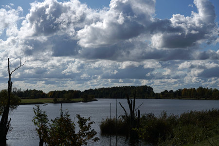 Autumn landscape with a lake, trees and clouds in the sky