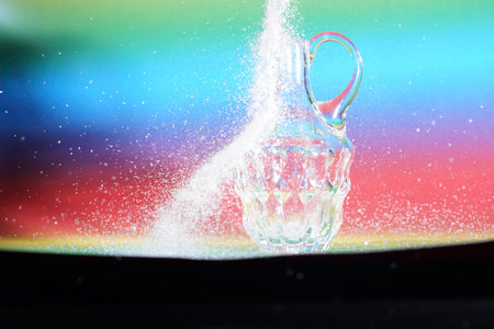 Water splashing out of a glass vase on a rainbow backgroundの写真素材