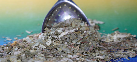 Dried oregano leaves in a spoon on a green backgroundの写真素材