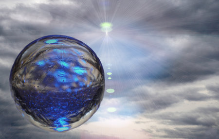 Globe in the sky with clouds and sun ray. 3d renderingの写真素材