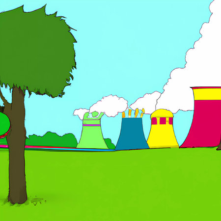 Cooling towers of a nuclear power plant on a green meadowの素材