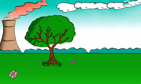 Ecology concept - green tree in the meadow and nuclear power plantの素材