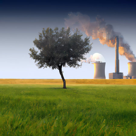 Industrial landscape with a tree in the foreground and a nuclear power plantの素材