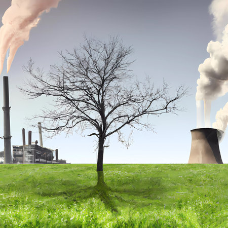 Dry tree on the background of a nuclear power plant with smokeの素材