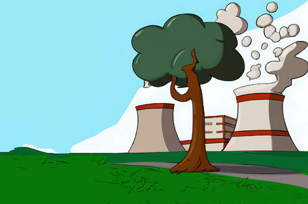 Cartoon illustration of a nuclear power plant with a tree in the foregroundの素材