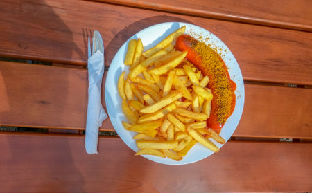 French fries with ketchup and mustard on a plate in a restaurantの写真素材