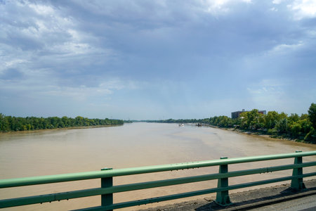 View of the Dnieper river in Kiev, Ukraine, on a cloudy dayの写真素材