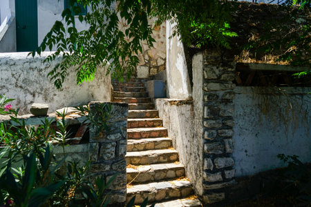 Old stone stairs in the village of Kavala, Greece.の写真素材