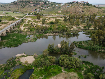 Aerial view of the Ardeche river in the province of Alentejo, Portugalの写真素材