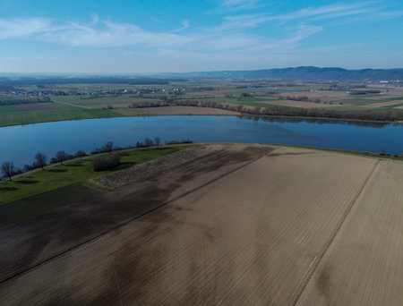 Panoramic photo of the Danube as an aerial view in Bavaria in spring