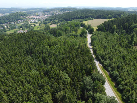 Aerial view of the road in the forest. drone photographyの写真素材