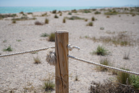 Wooden fence on the beach in Sardinia, Italy, Europeの写真素材