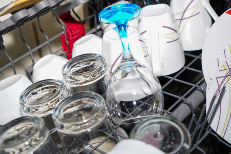 Freshly washed glasses and plates from the dishwasher ready to be cleared outの写真素材