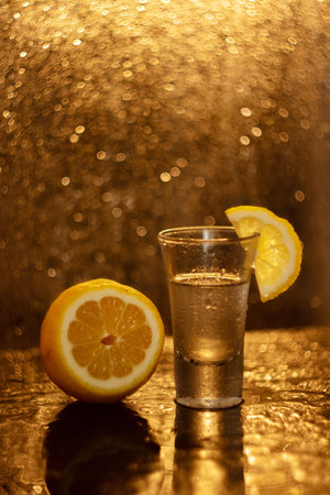 A translucent glass of water with gases and bubbles, with a round slice of lemon on the glass and a whole lemon on a golden background. A refreshing drink. Healthy lifestyle and nutrition.の写真素材
