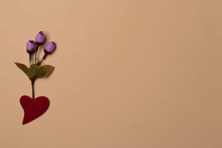 Flowers and a red heart on a beige background. Banner format. Space for the text.の写真素材