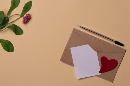 Greeting card for the holiday. Beige background. Flat layの写真素材