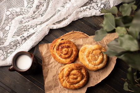 Breakfast with soft and delicious buns. Puff pastry bun with custard, raisins and chocolate. A...