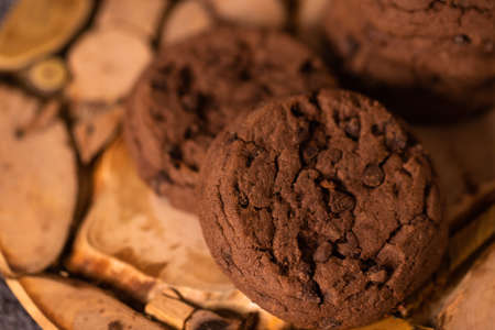 Chocolate chip cookies close-up. Fresh pastries for children. Delicious fresh cookies.の写真素材