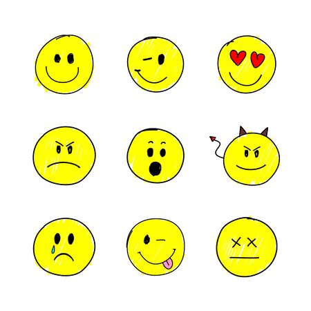 Set of yellow hand drawn vector smiles on the white backgroundのイラスト素材