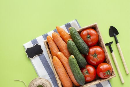 Braided basket with vegetables on a green background. Organic vegan concept top viewの写真素材