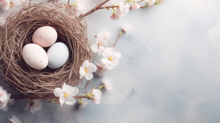 Easter eggs in nest and cherry blossom branch on blue backgroundの素材