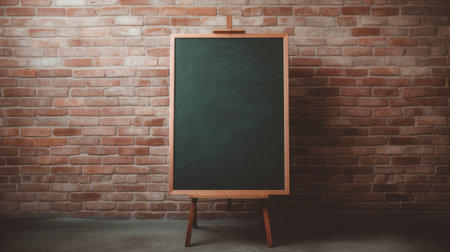 Blank blackboard on wooden easel in front of brick wallの素材