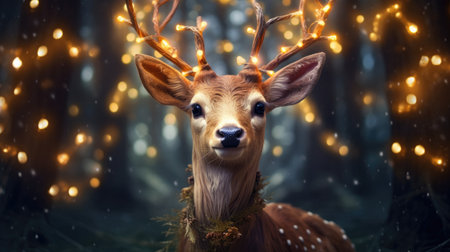 Funny deer with Christmas lights in the forest. Christmas and New Year concept.の素材