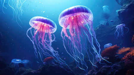 Jellyfish swimming in the sea. Underwater world. 3d renderingの素材