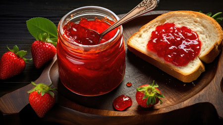 Strawberry jam in a glass jar on a wooden background.の素材