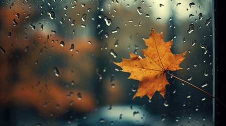 Autumn maple leaf on the wet glass with raindrops. Natural backgroundの素材