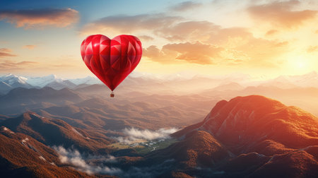 Heart shaped hot air balloon flying over the valleyの素材