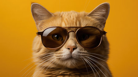 Portrait of a red cat wearing sunglasses on a yellow background.の素材
