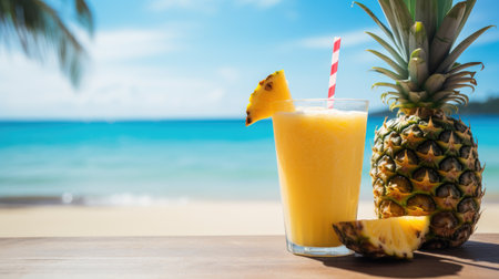 Pineapple smoothie on the wooden table with tropical beach backgroundの素材