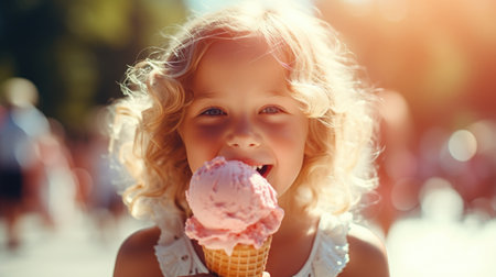 Cute little girl with blond curly hair eating ice cream outdoors.の素材