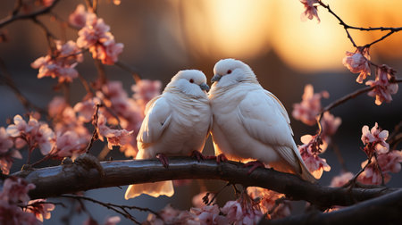 Pair of white doves on a branch of a blossoming treeの素材