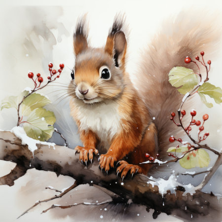 Cute squirrel sitting on a branch in winter, watercolor paintingの素材