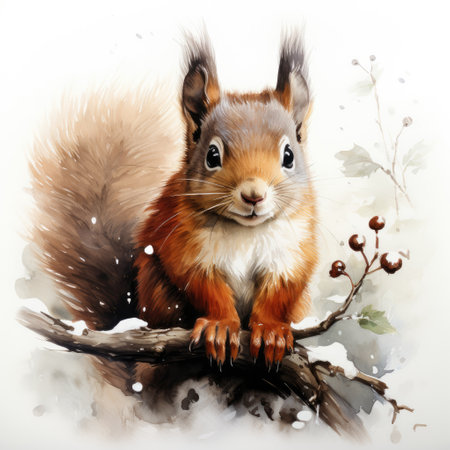 Red squirrel sitting on a branch in the winter. Watercolor paintingの素材