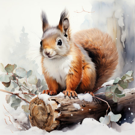 Squirrel sitting on a log in the winter forest. Watercolor painting.の素材