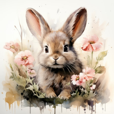 Easter bunny with flowers in watercolor style. Digital painting.の素材