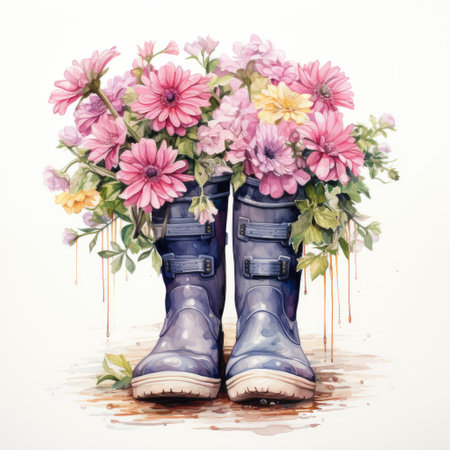Bouquet of flowers in blue rubber boots. Watercolor illustration.の素材