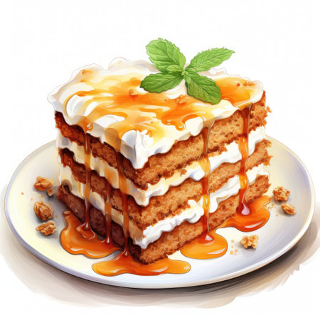 Caramel cake with whipped cream and caramel sauce on a white backgroundの素材