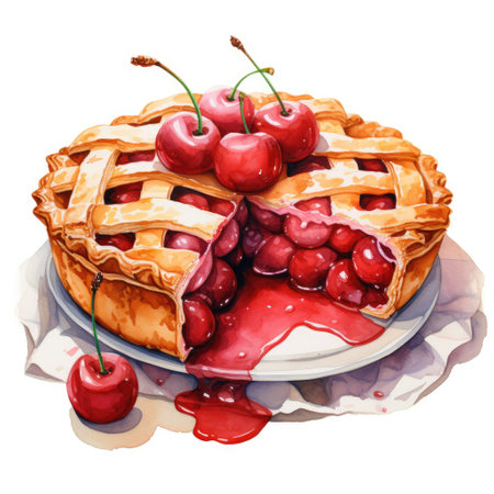 Watercolor illustration of cherry pie on plate with cherries and syrupの素材