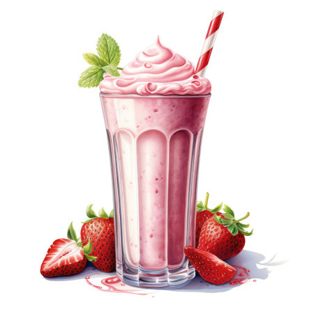 Watercolor illustration of strawberry milkshake in a glass with a striped straw and fresh berries on a white backgroundの素材